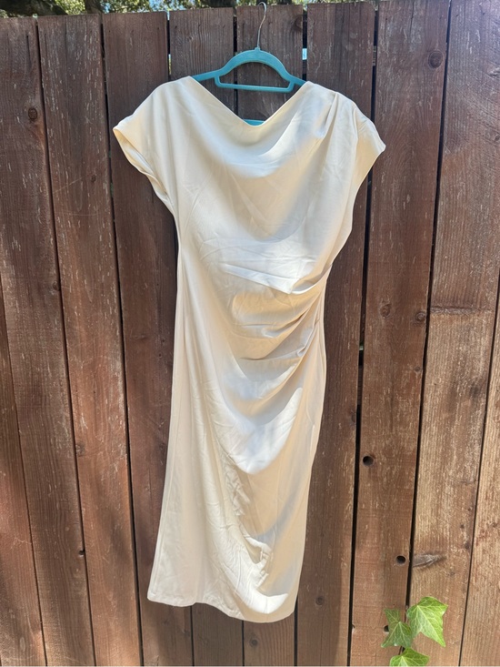 Dresses & Skirts - NWT EMILI Ivory Draped Midi Dress | Elegant Ruched Cocktail Dress
